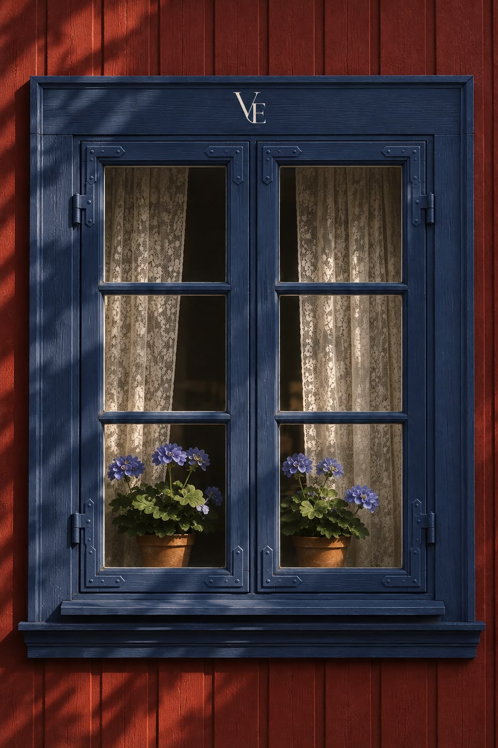 Blue window with the VERAE monogram, representing The House